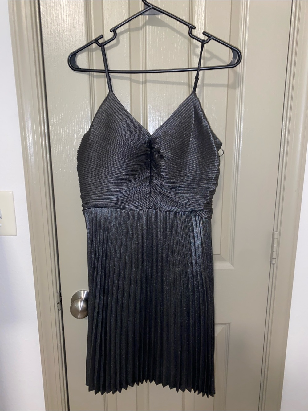 Express shiny gray and black Pleated Spaghetti Strap Mini Dress